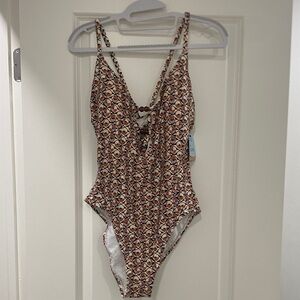Shade & Shore Geometric One Piece Swimsuit in Brown and Cream